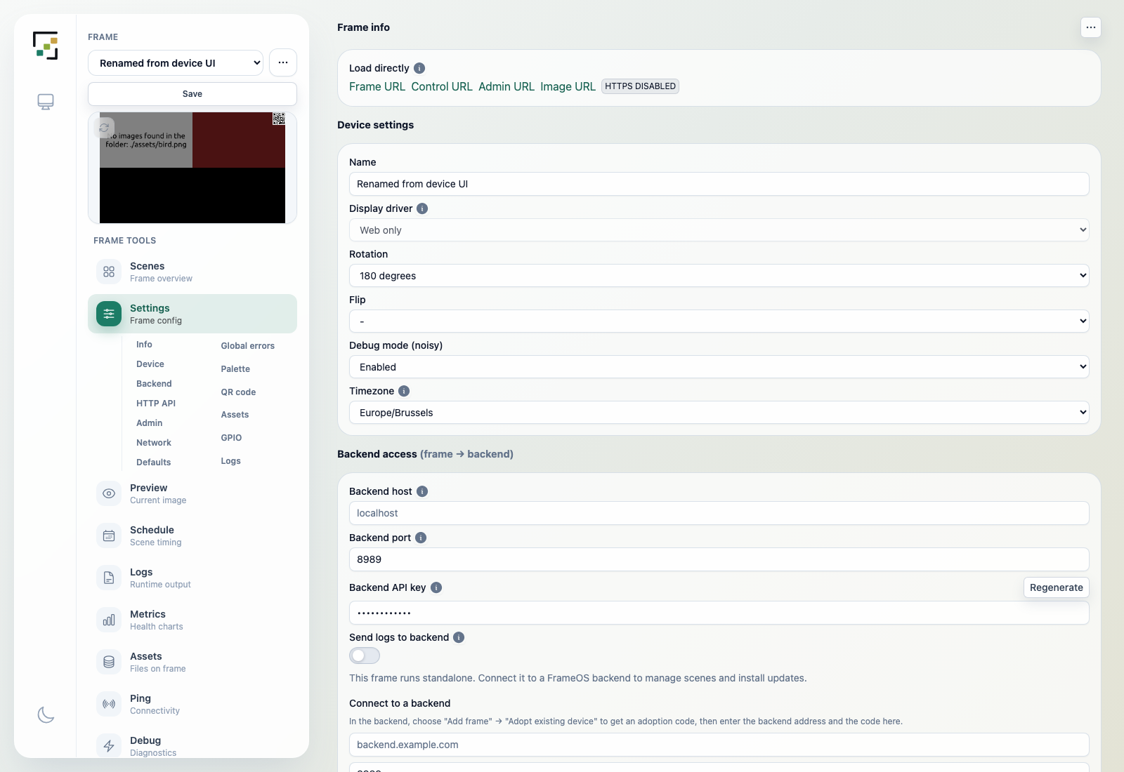 The on-device admin panel, Settings tab