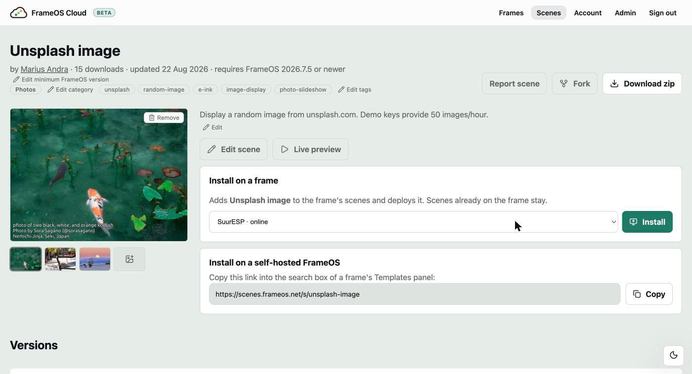 Installing a scene from the store onto a cloud-managed frame