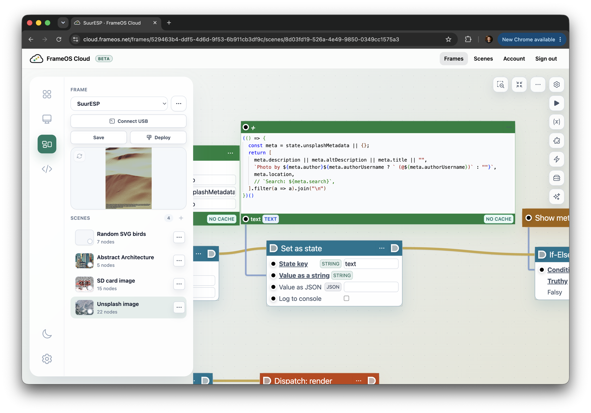 A code node in the scene editor with a few lines of JavaScript building a caption from photo metadata