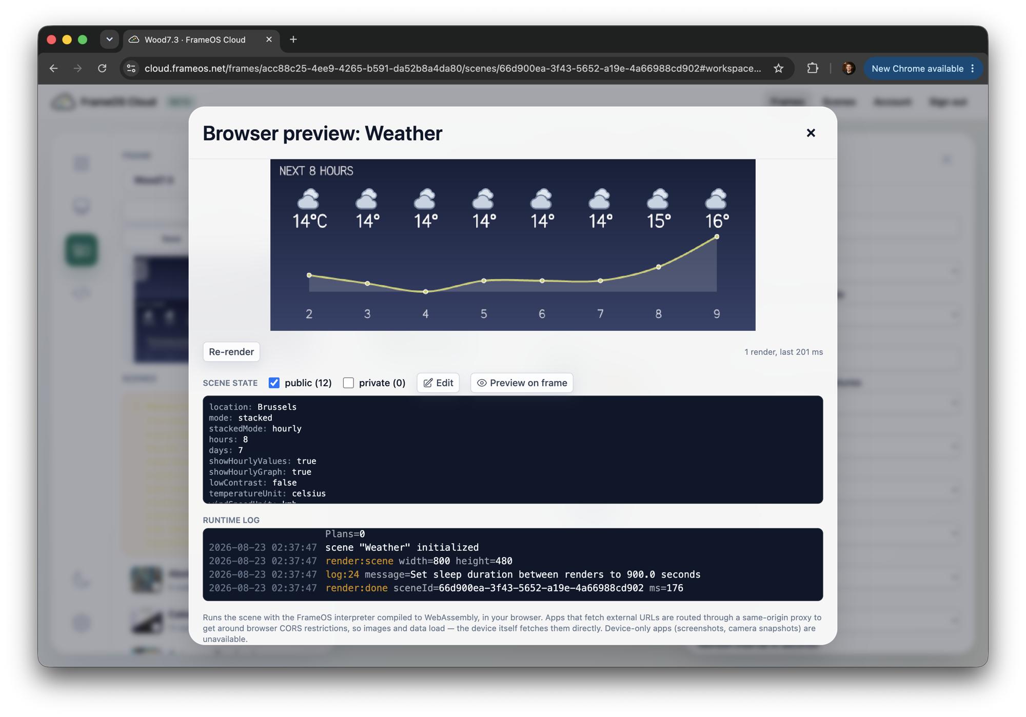 The browser preview of the weather scene in FrameOS Cloud, with its state and runtime log