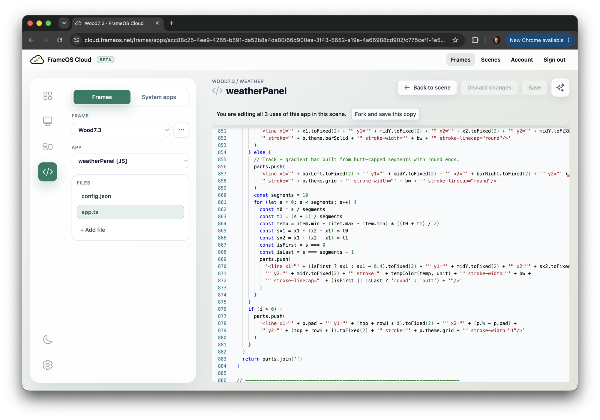 The TypeScript source of the weather panel app open in the in-browser editor