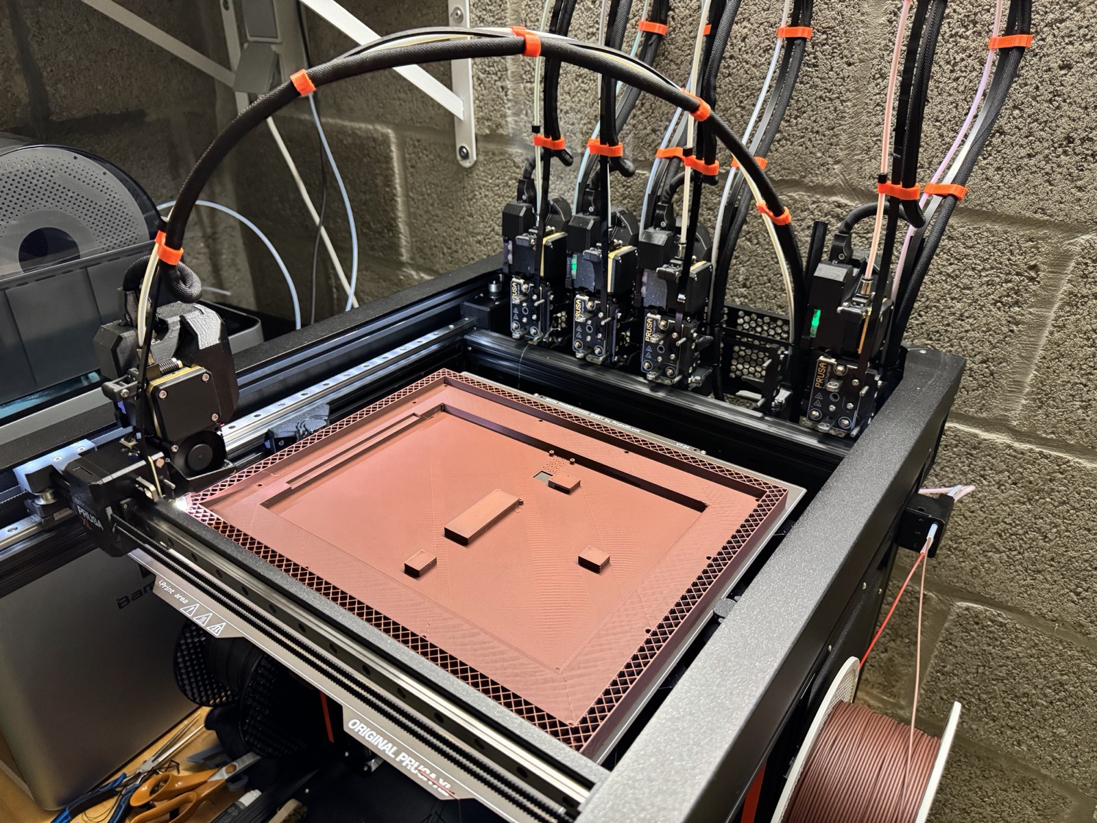 The 13.3 inch frame being 3D printed on a Bambu Lab printer