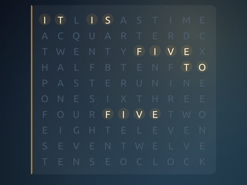 Word clock scene spelling out the time in a letter grid
